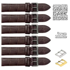 6PCS Alligator Grain Dark Brown Leather Watch Band (12MM-30MM   XXL Sizes) Padded w/Brown Stitches