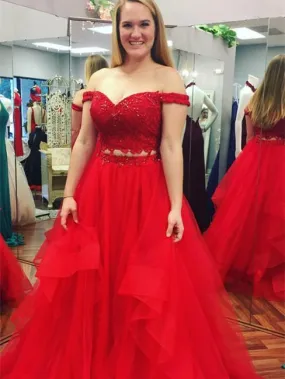 A-line Off-Shoulder Floor-Length Tulle Red Prom Dresses With Beading HX0082