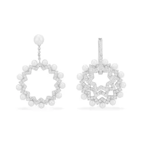 Asymmetric Sun Earrings with Pearls - White Silver