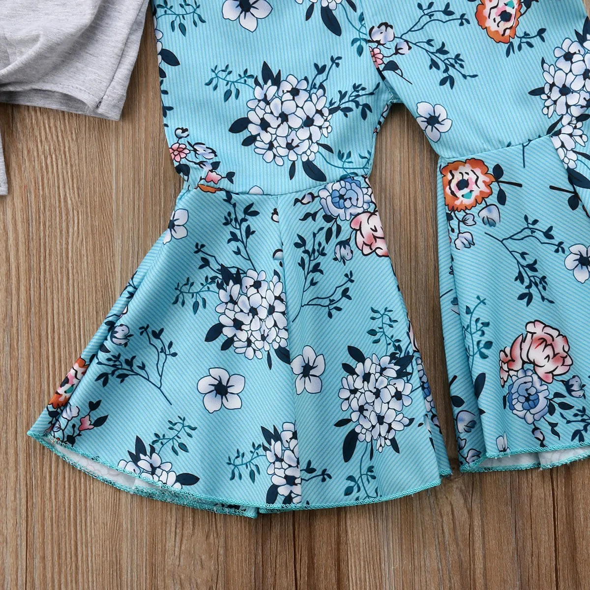 Baby and Toddler Girl Paris Shirt and Floral Flare Bell Bottom Pant Set Trendy