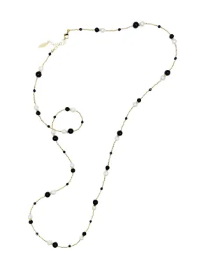 Black Obsidian With Freshwater Pearls Long Necklace LN074