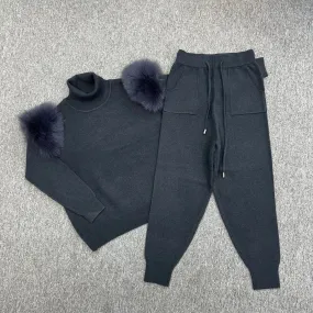 Childrens Charcoal Luxury Fur Roll Neck Jogger Tracksuit