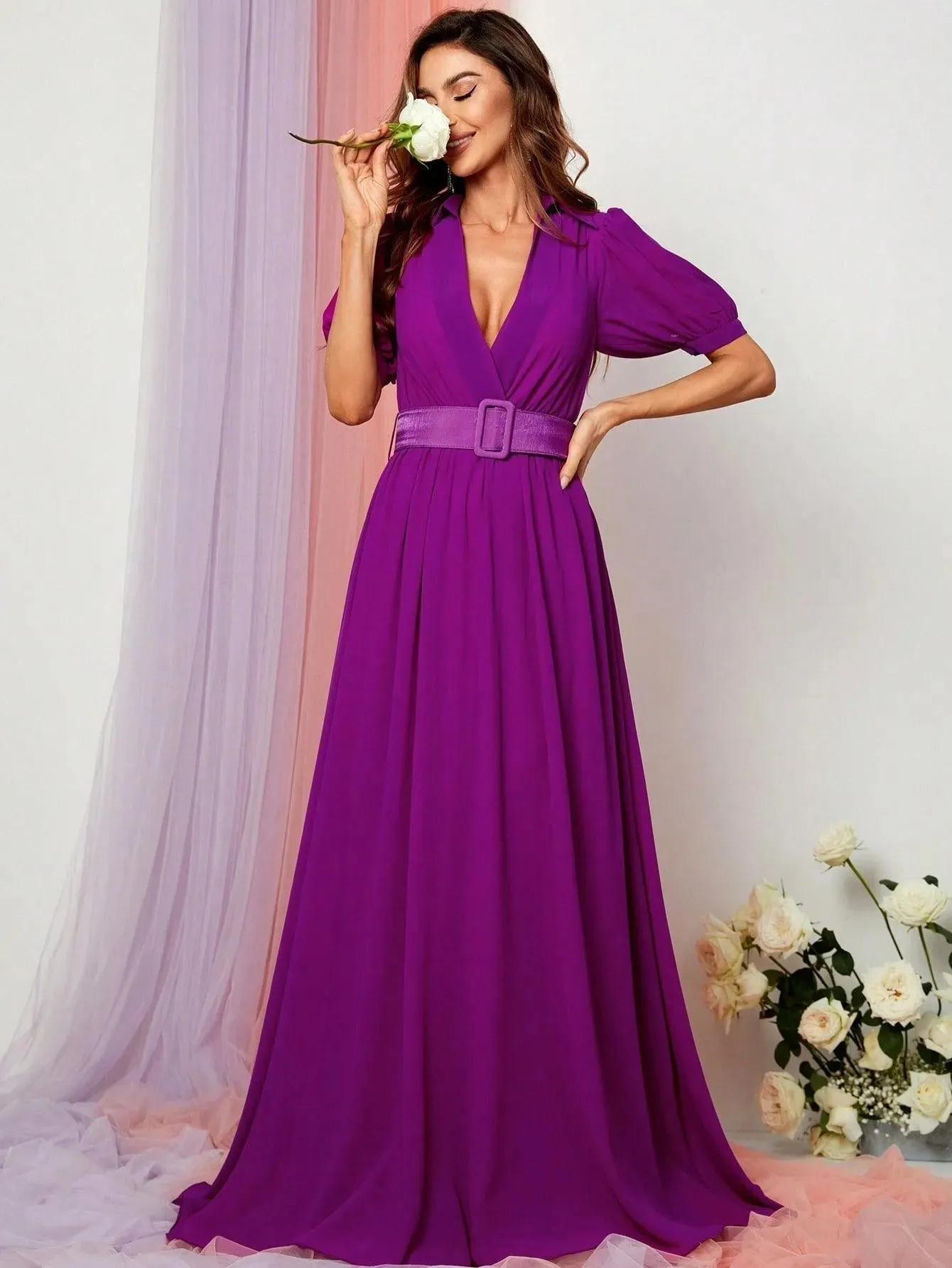 Deep V Neck Puff Sleeve Belted Maxi Dress