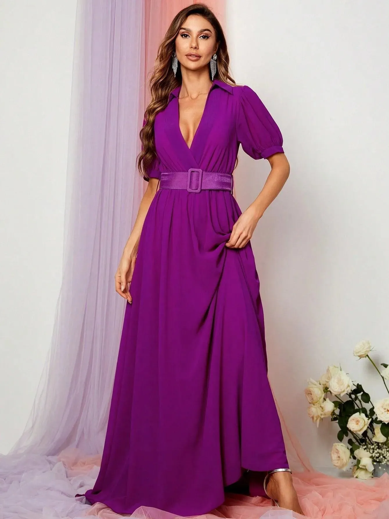 Deep V Neck Puff Sleeve Belted Maxi Dress