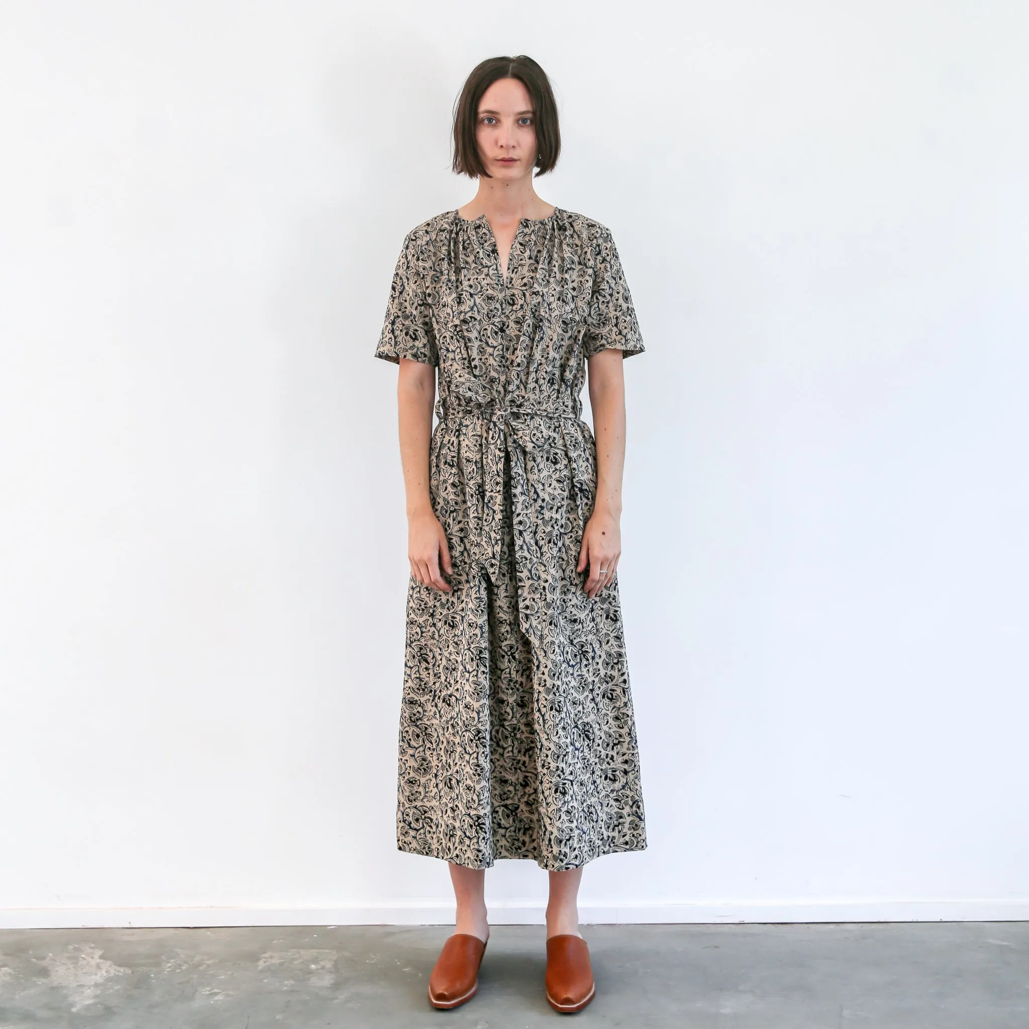 Kalamkari Long Belted Dress - Grey, Indigo, and Black Floral