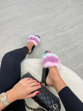 Multi Tone Pink/Blue/White Luxury Fur Sliders